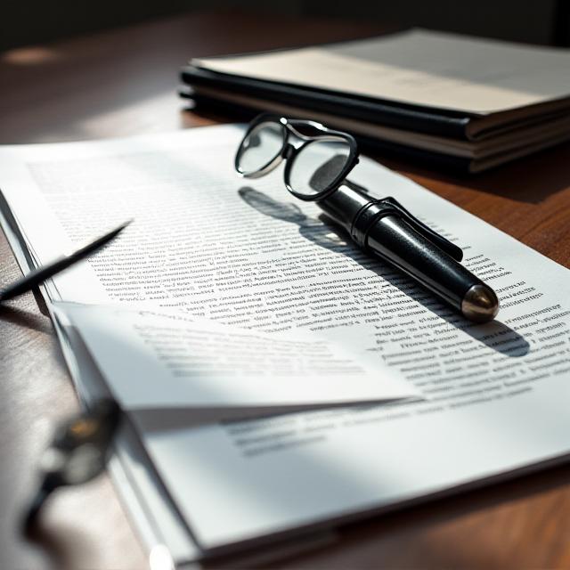Legal documents and glasses on a wooden desk