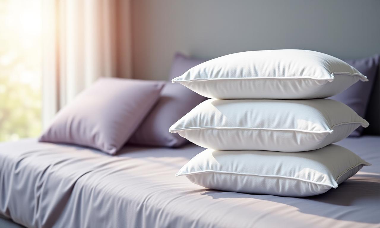 Stacked premium ergonomic pillows in a modern bedroom